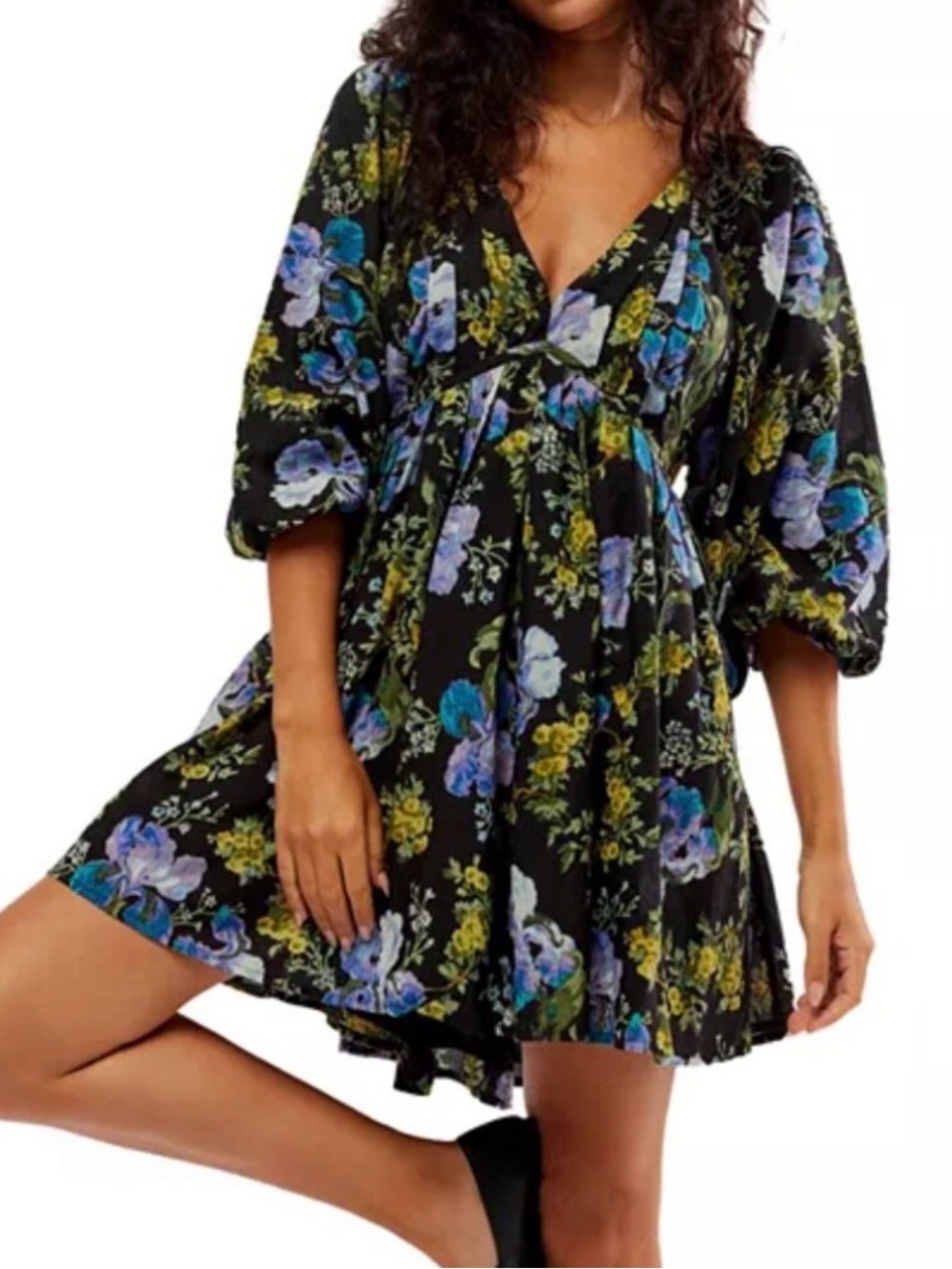 Free People Black with Floral V-Neckline Dress with Empire Waist